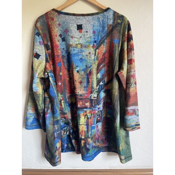 Ali Miles 2X Multicolor Watercolor City Scene 3/4 Sleeve Ultrasoft Fleece Tunic - Picture 3 of 7